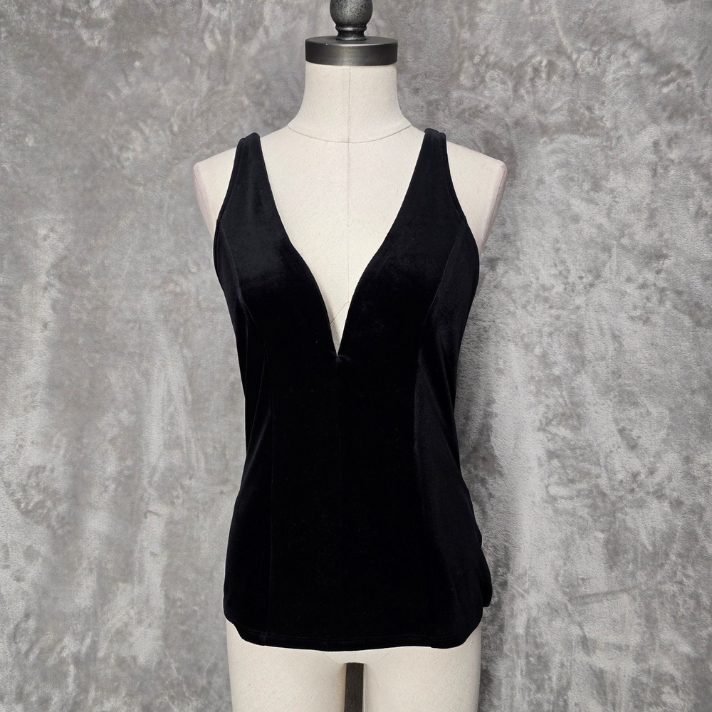 Express One Eleven Tank Top Womens M Black Velvet Deep V Structured Stretch Goth
